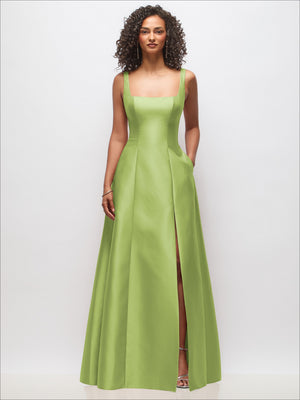 Bright lime green sleeveless square-neck princess gown with side slit and side pockets