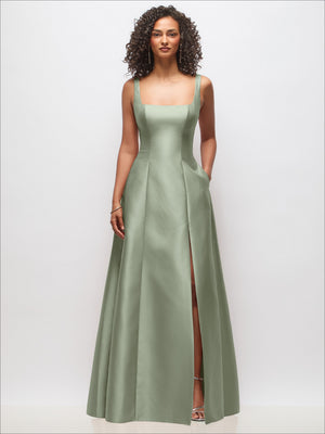 Sage green sleeveless square-neck princess gown with side slit and side pockets
