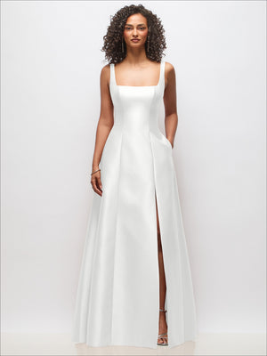 Ivory sleeveless princess gown with square neckline and front slit