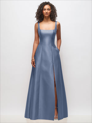 Sleeveless square-neck princess gown, powder blue with side slit