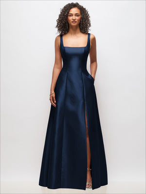 Royal blue sleeveless square-neck princess line gown with side slit and pocket detail