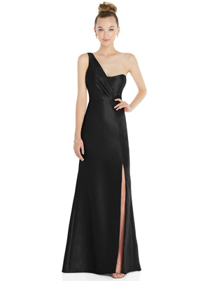 Black satin one-shoulder trumpet gown with draped bodice and front slit detail.