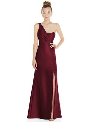 Burgundy satin one-shoulder trumpet gown with front slit and draped bodice, full front view