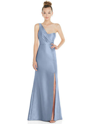 One-shoulder satin trumpet gown in periwinkle blue with front slit and draped neckline.