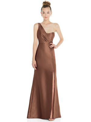 Brown satin one-shoulder trumpet gown with draped bodice and front slit, front view