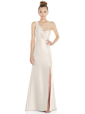 White one-shoulder draped satin trumpet gown with front slit