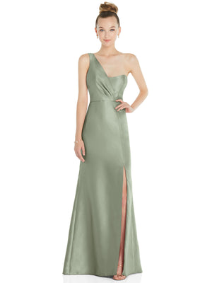 Sage green one-shoulder satin trumpet gown with draped bodice and front slit