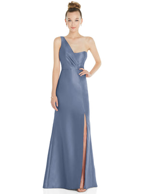 Blue satin one-shoulder trumpet gown with draped bodice and front slit detail.