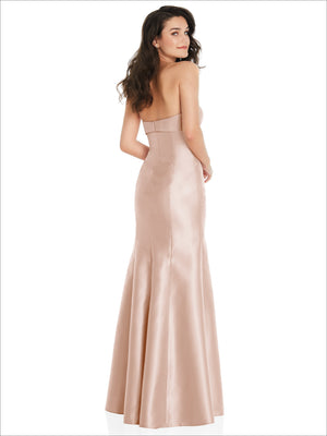Champagne strapless satin gown with corset bodice and trumpet skirt with side slit