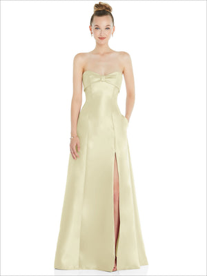 Strapless satin ball gown in pale ivory, bow-front bodice, front slit