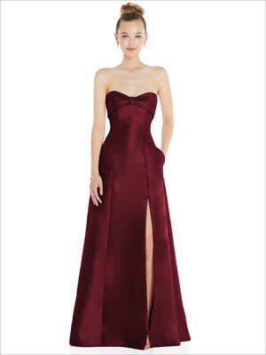 Burgundy strapless satin ball gown with bow at bust and front slit