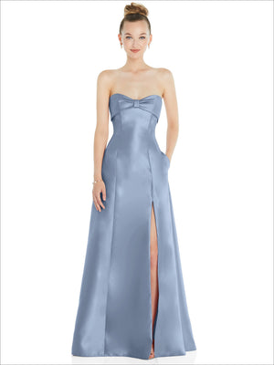Powder blue satin strapless ball gown with front bow detail and long A-line skirt