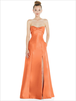 Orange strapless satin ball gown with bow at bust and front slit