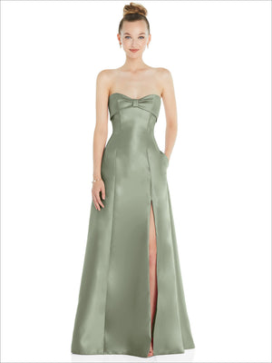 Gray-green strapless satin ball gown with center bow and front slit