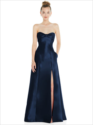 Black satin strapless ball gown with bow bodice and front slit