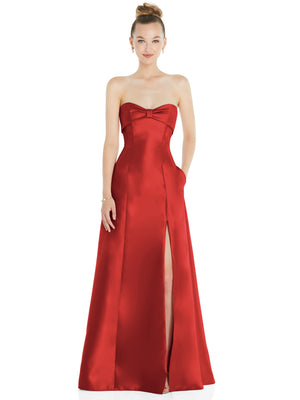 Red strapless satin ball gown with bow bodice and front slit skirt