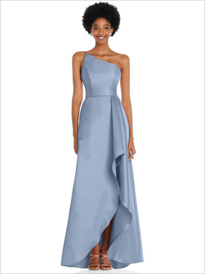 One-shoulder satin gown in periwinkle blue with flowing draped skirt and slit