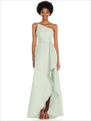 Mint satin one-shoulder gown with draped front slit and asymmetrical skirt