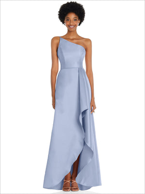 One-shoulder satin gown in powder blue with draped front slit and fitted waist