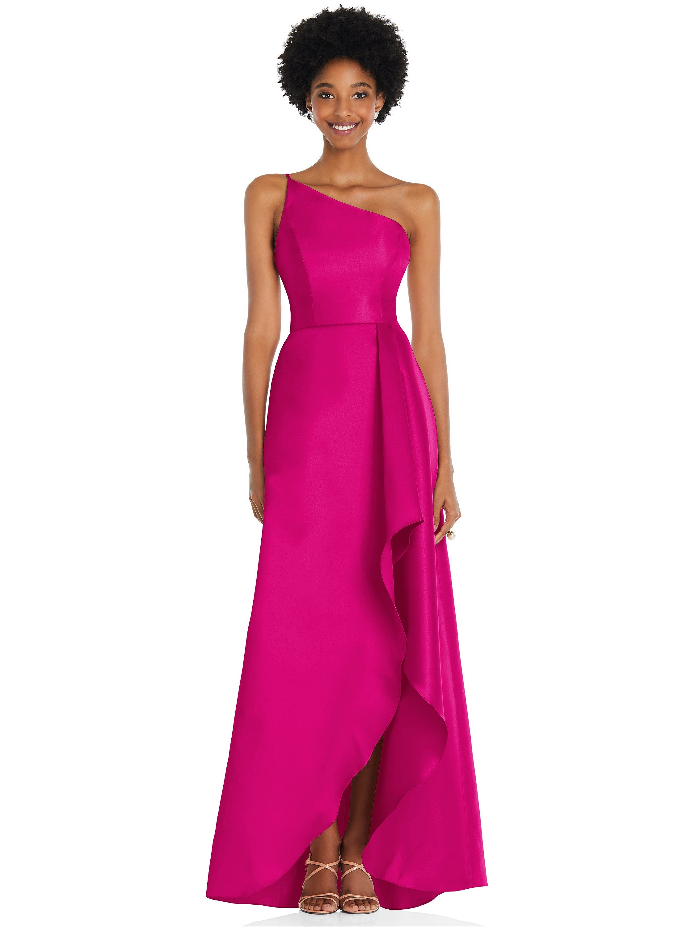 One-Shoulder Satin Gown with Draped Front Slit and Pockets
