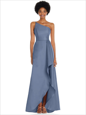 Periwinkle blue one-shoulder satin gown with draped front slit and side pockets
