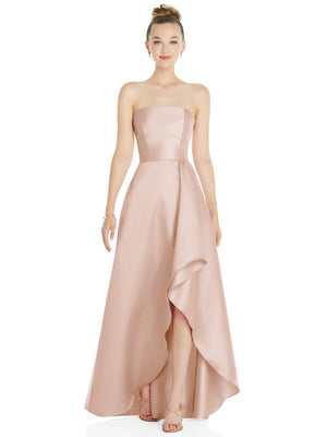 Light blush satin strapless gown with draped front slit and asymmetrical skirt