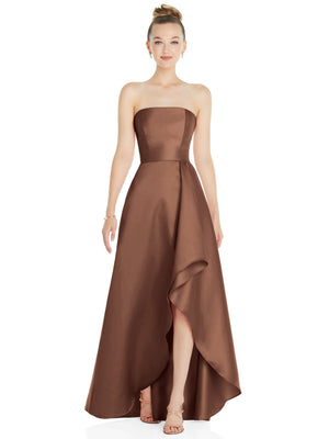 Brown strapless satin gown with draped front and asymmetrical side slit