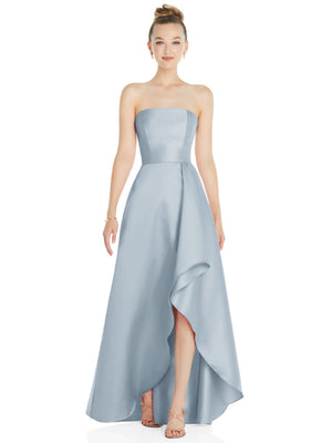 Light blue strapless satin gown with draped front and high slit detail