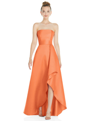 Strapless satin gown with draped front and side slit, bright orange-coral