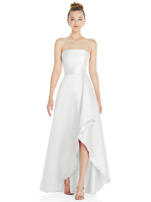 White strapless satin gown with draped waist and asymmetrical front slit