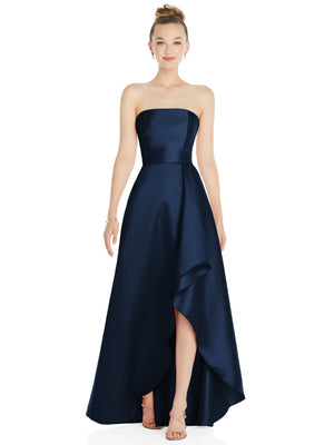 Strapless satin gown in dark blue with asymmetrical drape and front slit