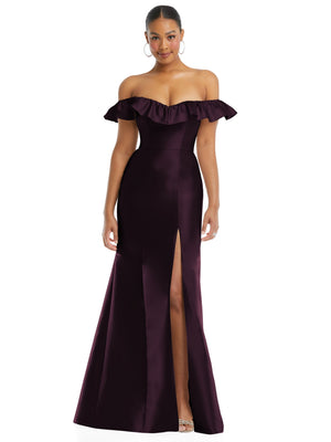 Off-the-shoulder ruffle satin trumpet gown, dark plum with front slit