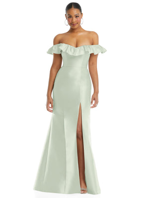 Mint green satin off-shoulder ruffle neck trumpet gown with front center slit