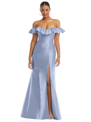 Light blue satin trumpet gown with off-shoulder ruffle neckline and front thigh slit, front view