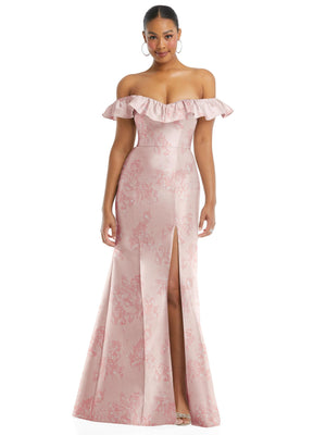 Light pink floral satin trumpet gown with off-shoulder ruffle neckline and front slit