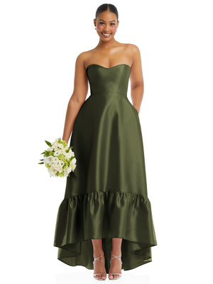 Evergreen strapless satin high-low dress with sweetheart bodice and tiered ruffle hem