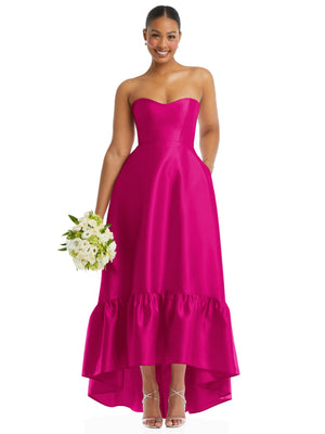 Think Pink strapless satin high-low dress with sweetheart bodice and tiered ruffle hem
