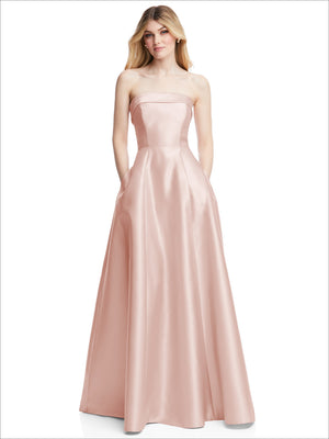 Blush satin strapless gown with straight neckline and full flared skirt