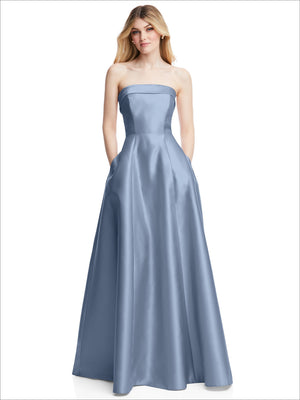Sky blue strapless satin gown with wide straight neckline and flared full skirt