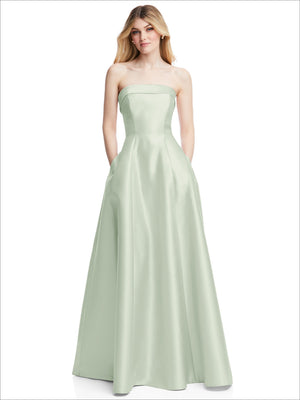 Sage green strapless satin gown, front view with flared A-line skirt