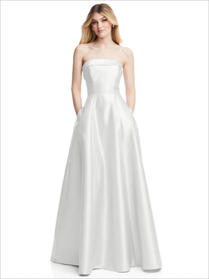 Ivory strapless satin gown with sweetheart neckline and gathered full skirt