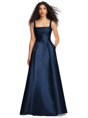 Midnight blue satin corset gown with square neckline, spaghetti straps, full skirt