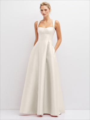 Ivory satin bustier dress with spaghetti straps and full skirt