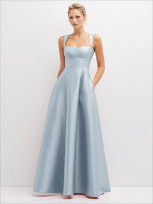 Light blue satin bustier dress with square neckline and full A-line skirt