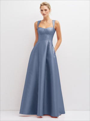 Powder blue satin bustier dress with full skirt and spaghetti straps
