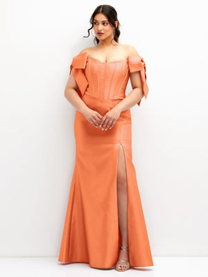 Portofino orange off-shoulder satin corset dress with bow-tied sleeve details and slit skirt