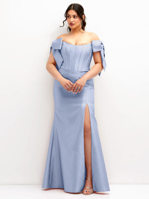 Sky blue off-shoulder satin corset dress with bow-tied sleeves and long slit skirt