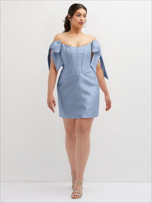 Light blue off-the-shoulder mini dress with shoulder bows and structured corset seams