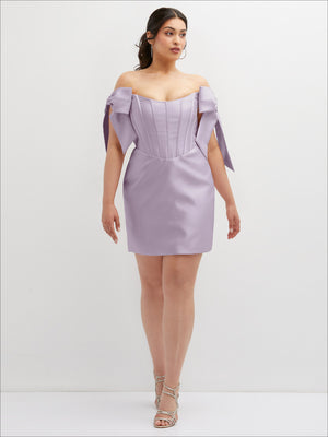 Lavender satin off-the-shoulder bow corset mini dress with ribbon shoulder bows