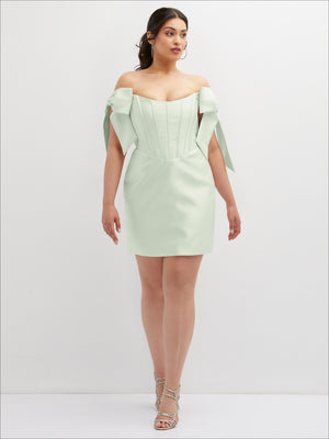 Sage satin off-shoulder corset mini dress with structured bodice and shoulder bows